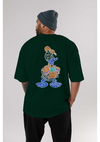 Donald Arka Baskılı Zümrüt Yeşili Oversize T-Shirt Unisex Erkek Kadın Bisiklet Yaka indirimleri