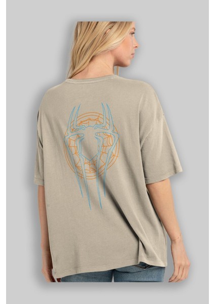 Spiderman (30) Arka Baskılı Bej Oversize T-Shirt Bisiklet Yaka Pamuk Erkek Kadın modelleri