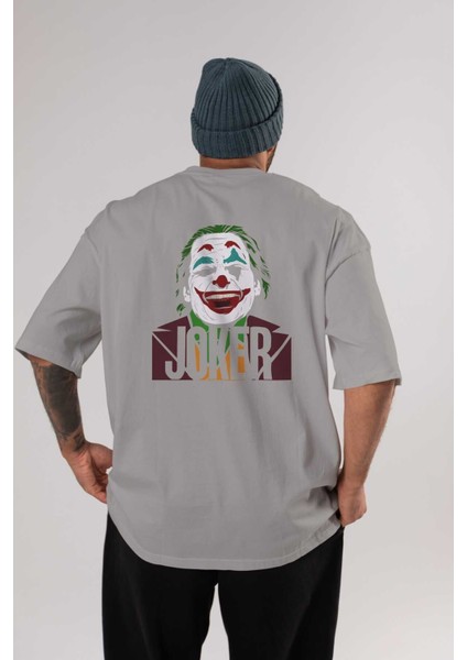 Joker (10) Arka Baskılı Gri Oversize T-Shirt Bisiklet Yaka Pamuk Erkek Kadın