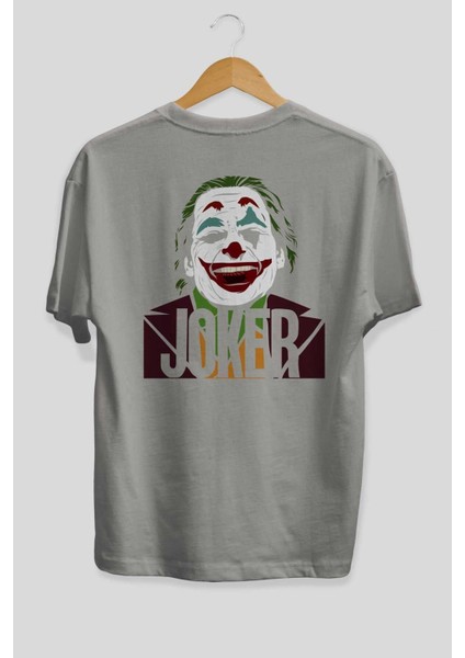 Joker (10) Arka Baskılı Gri Oversize T-Shirt Bisiklet Yaka Pamuk Erkek Kadın