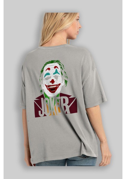 Joker (10) Arka Baskılı Gri Oversize T-Shirt Bisiklet Yaka Pamuk Erkek Kadın