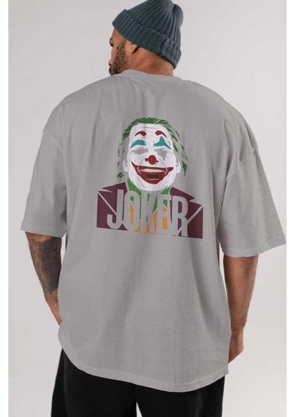 Joker (10) Arka Baskılı Gri Oversize T-Shirt Bisiklet Yaka Pamuk Erkek Kadın