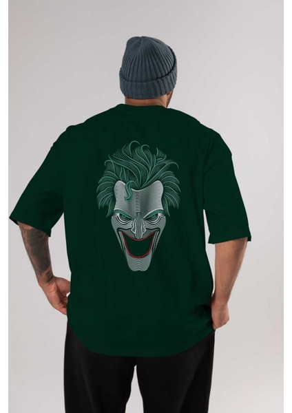 Joker (1) Arka Baskılı Zümrüt Yeşili Oversize T-Shirt Bisiklet Yaka Erkek Kadın
