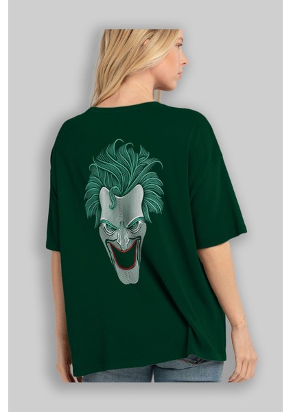 Joker (1) Arka Baskılı Zümrüt Yeşili Oversize T-Shirt Bisiklet Yaka Erkek Kadın fırsatları
