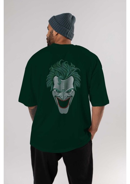 Joker (1) Arka Baskılı Zümrüt Yeşili Oversize T-Shirt Bisiklet Yaka Erkek Kadın indirimleri