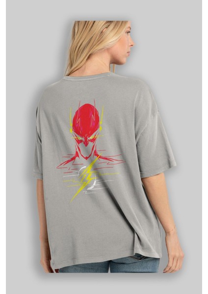 Flash Avengers (2) Arka Baskılı Gri Oversize T-Shirt Bisiklet Yaka Pamuk Erkek Kadın modelleri