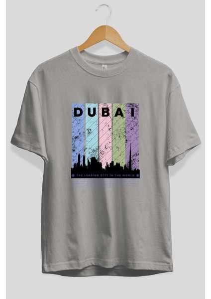 Dubai Yazılı Ön Baskılı Gri Oversize T-Shirt Unisex Erkek Kadın Bisiklet Yaka fiyatları