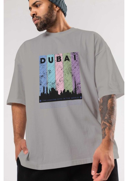 Dubai Yazılı Ön Baskılı Gri Oversize T-Shirt Unisex Erkek Kadın Bisiklet Yaka modelleri