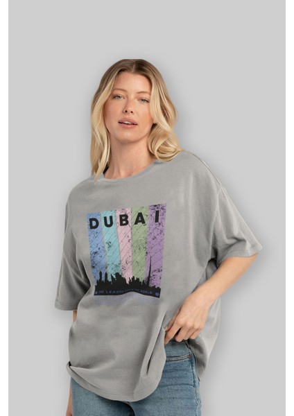 Dubai Yazılı Ön Baskılı Gri Oversize T-Shirt Unisex Erkek Kadın Bisiklet Yaka fırsatları