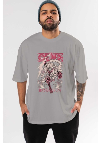 Monkey D. Luff-One Pıece 1 Anime Ön Baskılı Gri Oversize T-Shirt %100 Pamuk Erkek Kadın