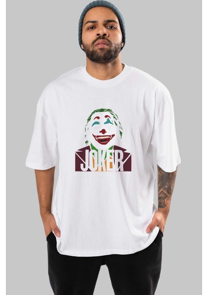 Joker (10) Ön Baskılı Beyaz Oversize T-Shirt Bisiklet Yaka Erkek Kadın