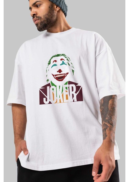 Joker (10) Ön Baskılı Beyaz Oversize T-Shirt Bisiklet Yaka Erkek Kadın modelleri