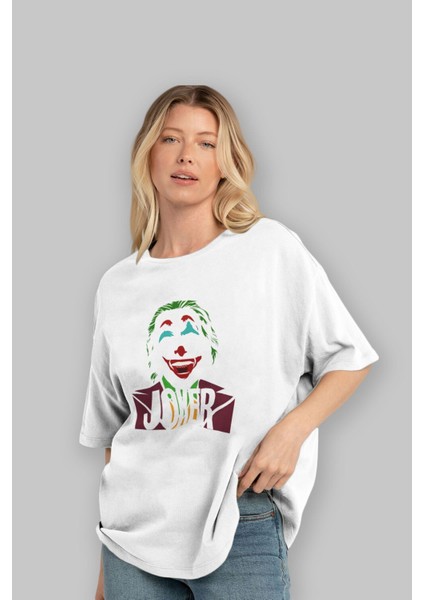 Joker (10) Ön Baskılı Beyaz Oversize T-Shirt Bisiklet Yaka Erkek Kadın fırsatları