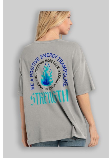 Positive Energy Arka Baskılı Gri Oversize T-Shirt Unisex Erkek Kadın Bisiklet Yaka modelleri