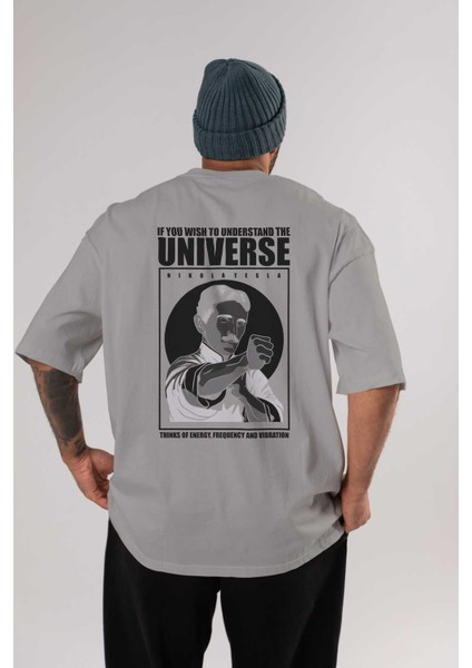 Nicola Tesla Ip Man Arka Baskılı Gri Oversize T-Shirt Unisex Erkek Kadın Bisiklet Yaka
