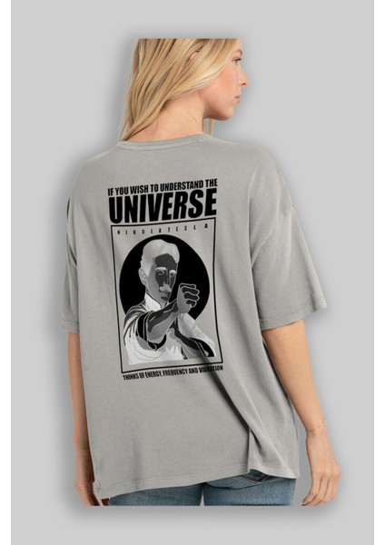 Nicola Tesla Ip Man Arka Baskılı Gri Oversize T-Shirt Unisex Erkek Kadın Bisiklet Yaka modelleri