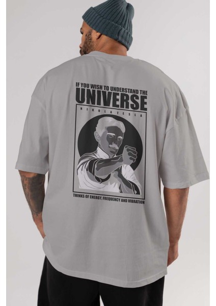 Nicola Tesla Ip Man Arka Baskılı Gri Oversize T-Shirt Unisex Erkek Kadın Bisiklet Yaka indirimleri