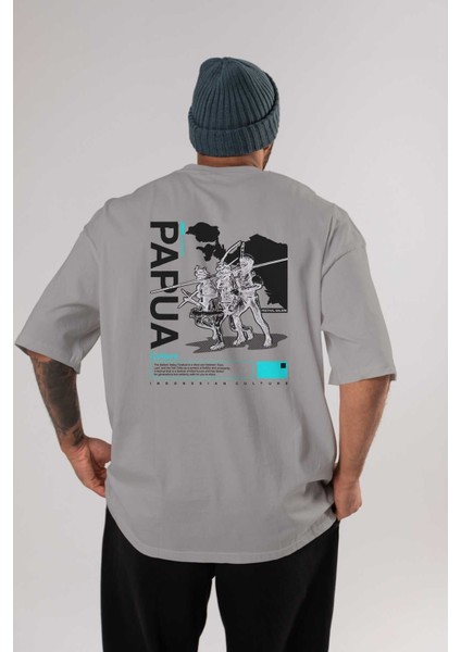 Papua Culture Arka Baskılı Gri Oversize T-Shirt Unisex Erkek Kadın Bisiklet Yaka