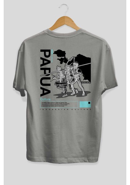 Papua Culture Arka Baskılı Gri Oversize T-Shirt Unisex Erkek Kadın Bisiklet Yaka fiyatları