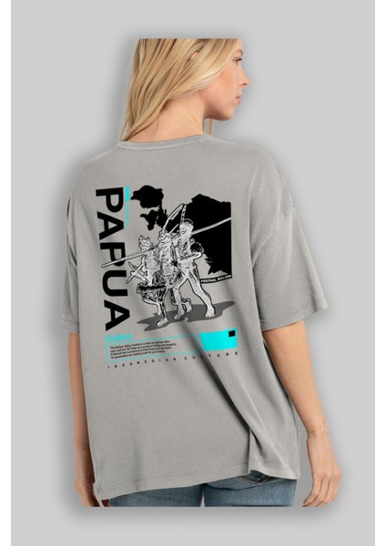 Papua Culture Arka Baskılı Gri Oversize T-Shirt Unisex Erkek Kadın Bisiklet Yaka modelleri