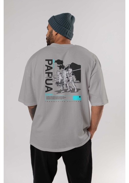 Papua Culture Arka Baskılı Gri Oversize T-Shirt Unisex Erkek Kadın Bisiklet Yaka fırsatları