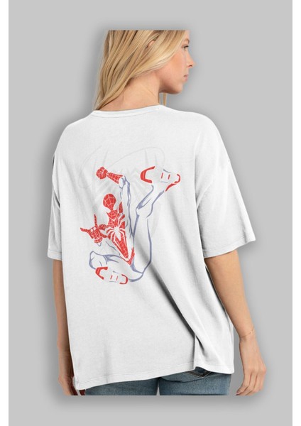 Spiderman (19) Arka Baskılı Beyaz Oversize T-Shirt Bisiklet Yaka Pamuk Erkek Kadın modelleri