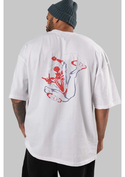 Spiderman (19) Arka Baskılı Beyaz Oversize T-Shirt Bisiklet Yaka Pamuk Erkek Kadın indirimleri