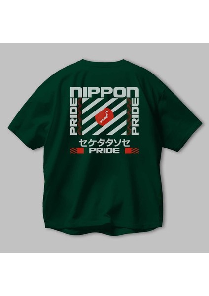 Nippon Pride Arka Baskılı Zümrüt Yeşili Oversize T-Shirt Unisex Erkek Kadın Bisiklet Yaka modelleri