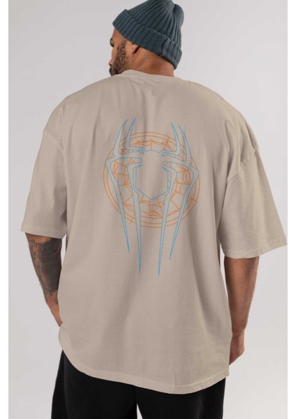 Spiderman (30) Arka Baskılı Bej Oversize T-Shirt Bisiklet Yaka Pamuk Erkek Kadın indirimleri