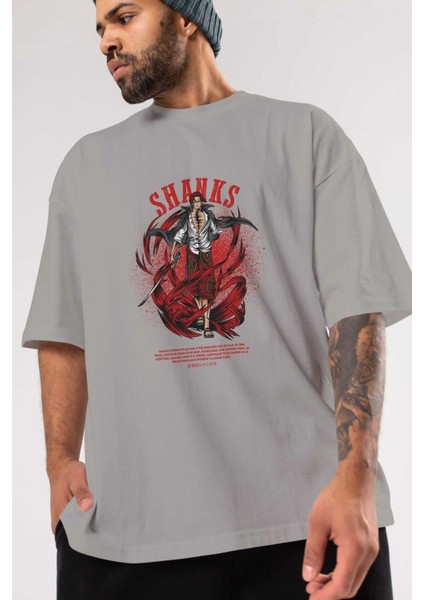 Shanks Anime Ön Baskılı Gri Oversize T-Shirt %100 Pamuk Erkek Kadın modelleri