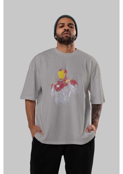 Iron Man (2) Ön Baskılı Gri Oversize T-Shirt Bisiklet Yaka Pamuk Erkek Kadın