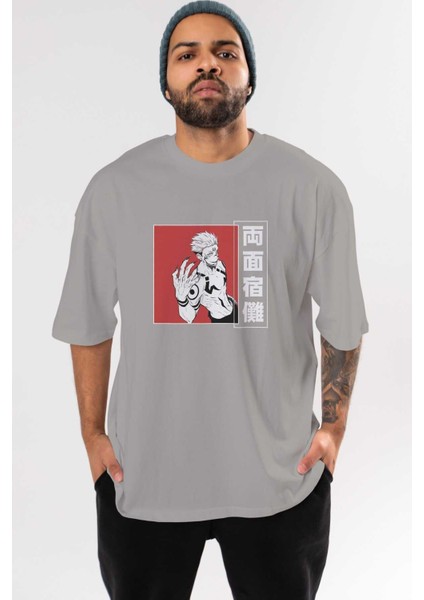 Sukuna Ryoumen 2 Anime Ön Baskılı Gri Oversize T-Shirt %100 Pamuk Erkek Kadın