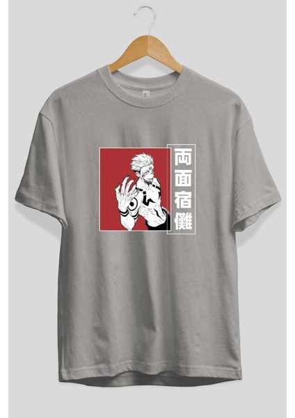 Sukuna Ryoumen 2 Anime Ön Baskılı Gri Oversize T-Shirt %100 Pamuk Erkek Kadın fiyatları