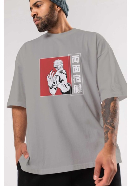 Sukuna Ryoumen 2 Anime Ön Baskılı Gri Oversize T-Shirt %100 Pamuk Erkek Kadın modelleri