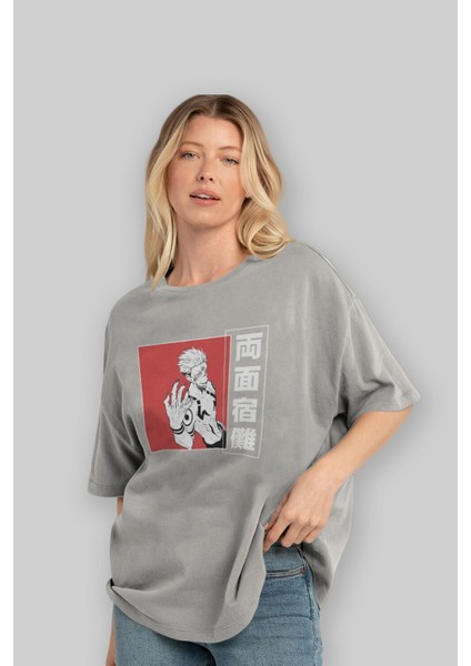 Sukuna Ryoumen 2 Anime Ön Baskılı Gri Oversize T-Shirt %100 Pamuk Erkek Kadın fırsatları