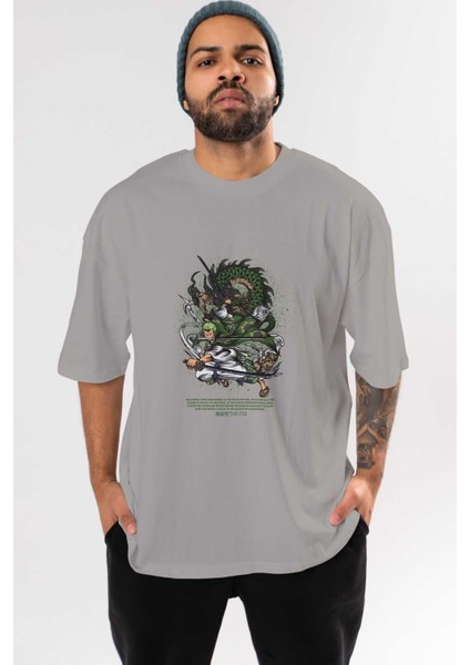 Zoro Anime Ön Baskılı Gri Oversize T-Shirt %100 Pamuk Erkek Kadın