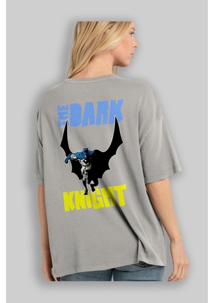 Batman (16) Arka Baskılı Gri Oversize T-Shirt Bisiklet Yaka Pamuk Erkek Kadın modelleri