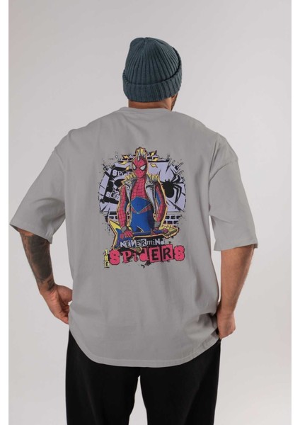 Spiderman Rock Arka Baskılı Gri Oversize T-Shirt Bisiklet Yaka Pamuk Erkek Kadın