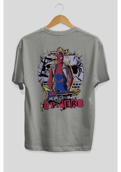 Spiderman Rock Arka Baskılı Gri Oversize T-Shirt Bisiklet Yaka Pamuk Erkek Kadın fiyatları