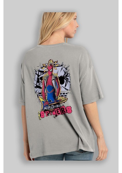 Spiderman Rock Arka Baskılı Gri Oversize T-Shirt Bisiklet Yaka Pamuk Erkek Kadın modelleri