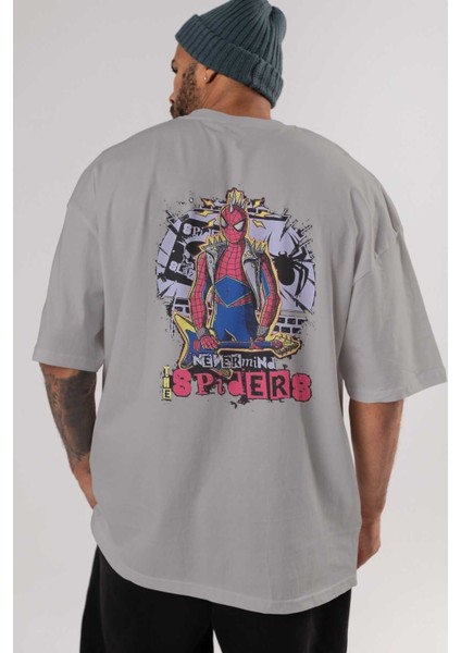 Spiderman Rock Arka Baskılı Gri Oversize T-Shirt Bisiklet Yaka Pamuk Erkek Kadın indirimleri