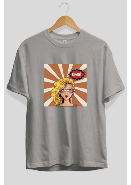 Omg Yazılı Retro Ön Baskılı Gri Oversize T-Shirt Unisex Erkek Kadın Bisiklet Yaka fiyatları