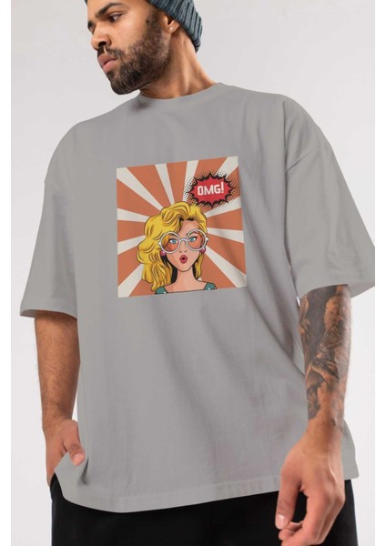 Omg Yazılı Retro Ön Baskılı Gri Oversize T-Shirt Unisex Erkek Kadın Bisiklet Yaka modelleri