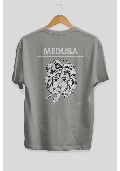 Medusa Arka Baskılı Gri Oversize T-Shirt Unisex Erkek Kadın Bisiklet Yaka fiyatları