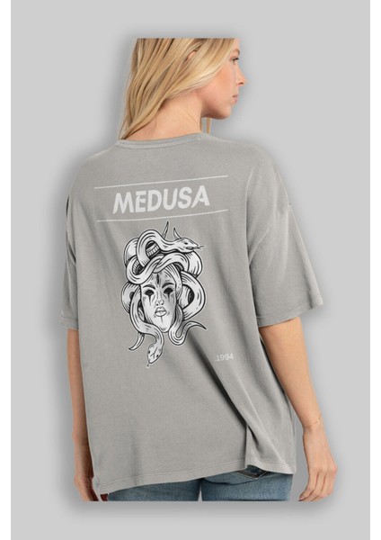 Medusa Arka Baskılı Gri Oversize T-Shirt Unisex Erkek Kadın Bisiklet Yaka modelleri