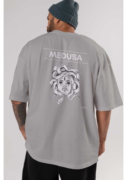 Medusa Arka Baskılı Gri Oversize T-Shirt Unisex Erkek Kadın Bisiklet Yaka indirimleri