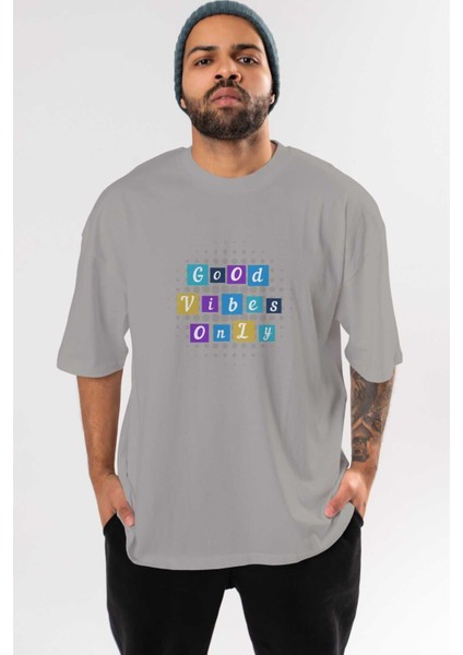 Good Vibes Only Yazılı 3 Ön Baskılı Gri Oversize T-Shirt Unisex Erkek Kadın Bisiklet Yaka