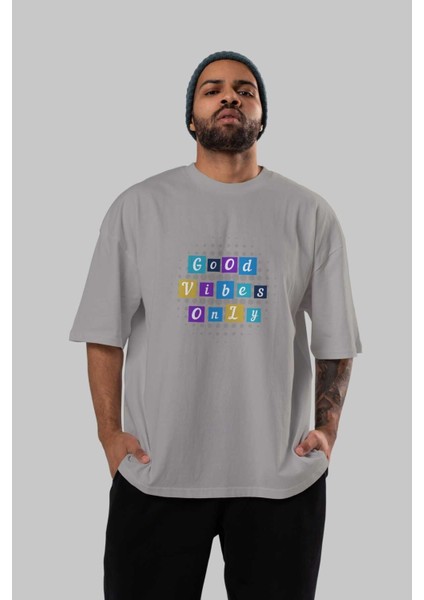 Good Vibes Only Yazılı 3 Ön Baskılı Gri Oversize T-Shirt Unisex Erkek Kadın Bisiklet Yaka indirimleri