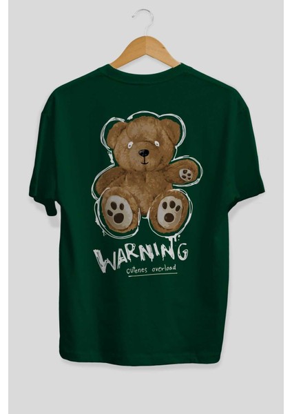 Warning Cuteness Bear Arka Baskılı Zümrüt Yeşili Oversize T-Shirt Erkek Kadın Bisiklet Yaka fiyatları