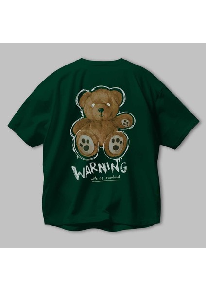 Warning Cuteness Bear Arka Baskılı Zümrüt Yeşili Oversize T-Shirt Erkek Kadın Bisiklet Yaka modelleri